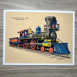 6” x 8” Central Pacific No. 60 “Jupiter” Steam Locomotive Print - Hand Drawn, Drawing, Gift, Print, Trains, Art