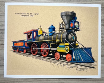 6” x 8” Central Pacific No. 60 “Jupiter” Steam Locomotive Print - Hand Drawn, Drawing, Gift, Print, Trains, Art