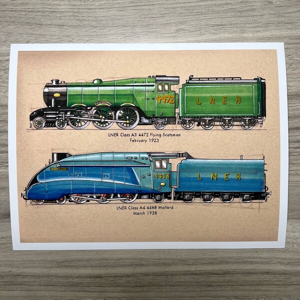 6” x 8” “LNER Class A3 4472 Flying Scotsman & LNER Class A4 5568 Mallard” Print - Hand Drawn, Drawing, Gift, Print, Trains, Art