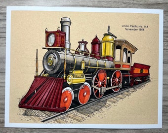 6” x 8” Union Pacific No. 119 Steam Locomotive Print - Hand Drawn, Drawing, Gift, Print, Trains, Art
