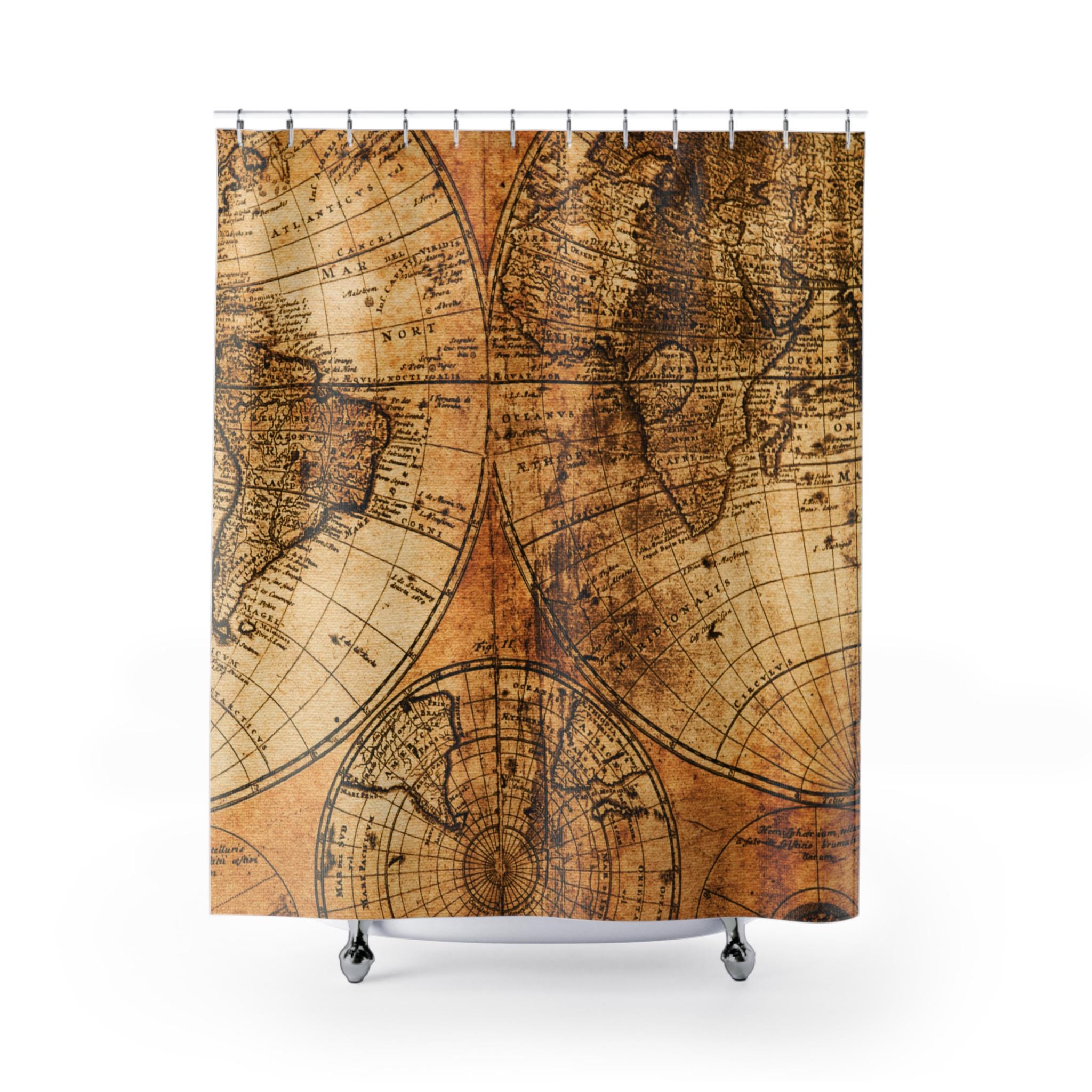 Vintage World Map Shower Curtain | Antique Globe Bathroom Decor - Etsy
