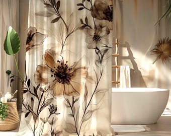 Cortina de ducha floral en acuarela neutra / Decoración botánica marrón para el baño