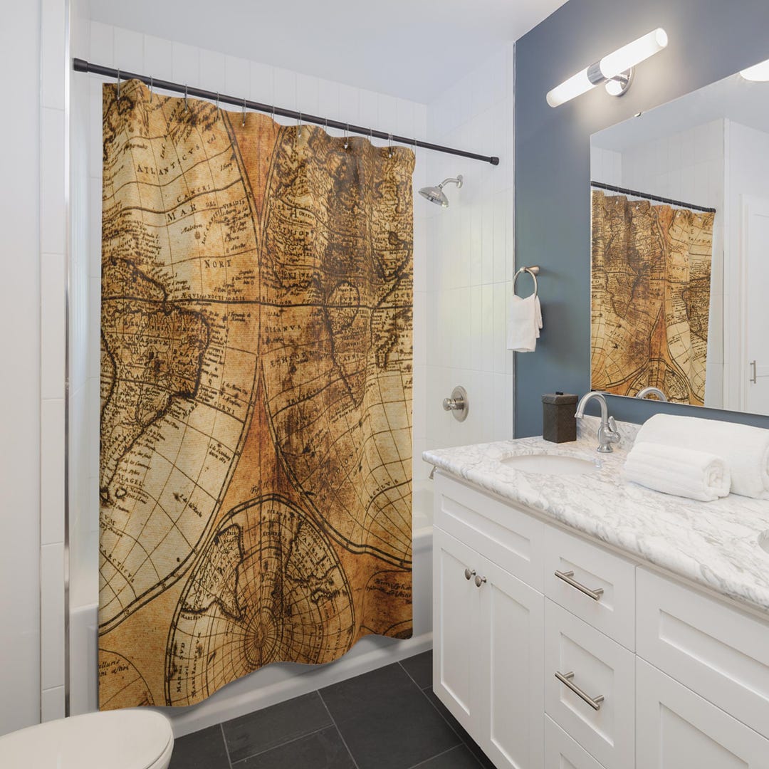 Vintage World Map Shower Curtain | Antique Globe Bathroom Decor - Etsy