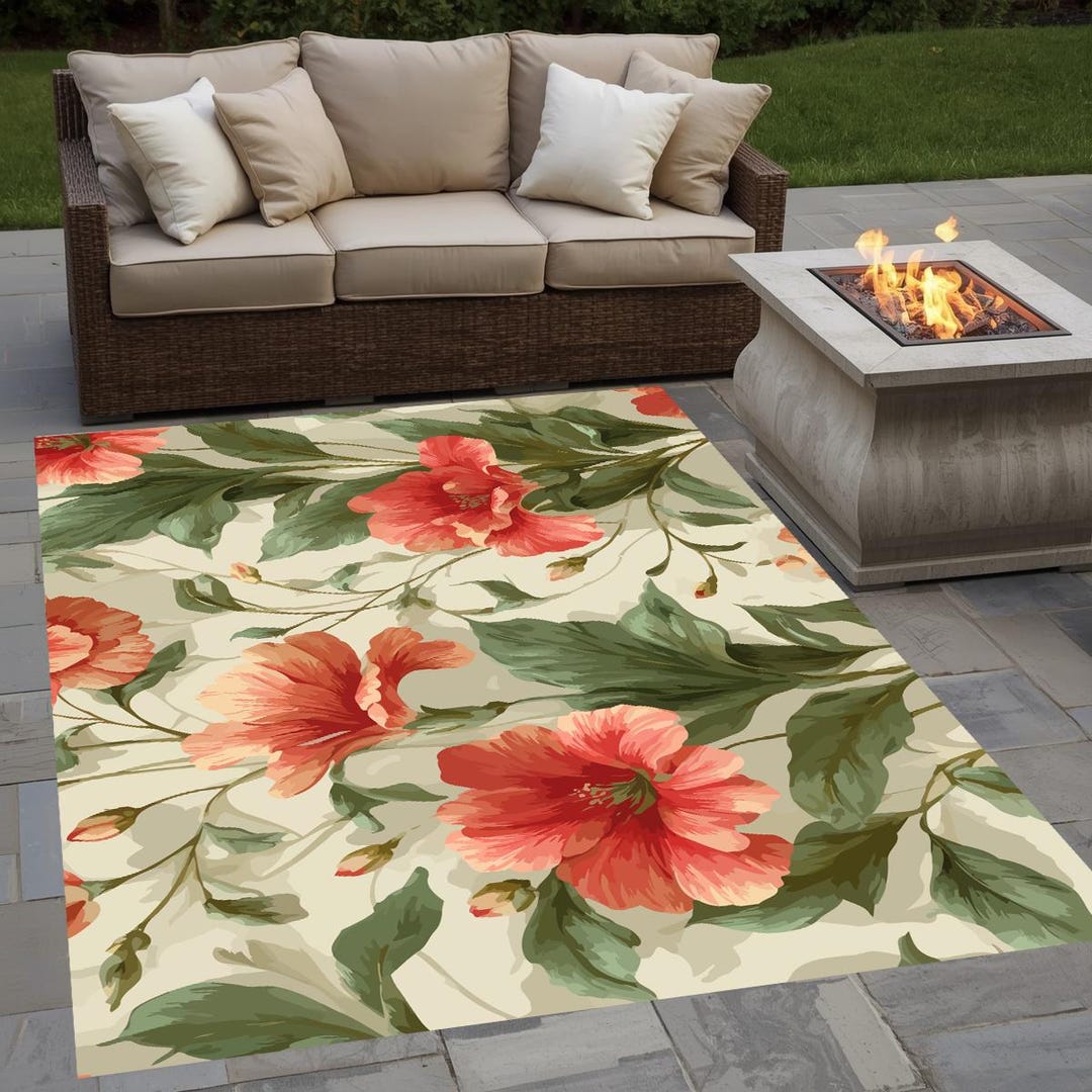 Hibiscus Rug Coral Hibiscus Floral Outdoor Rug | Tropical Flower Patio Mat - Etsy