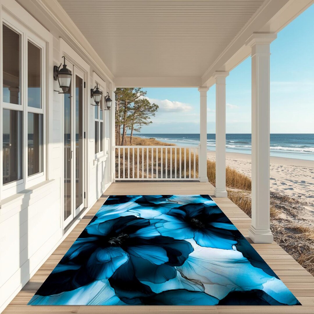 Bloom Outdoor Rug Blue Floral Watercolor Outdoor Rug | Large Patio Mat, Bloom Design - Etsy