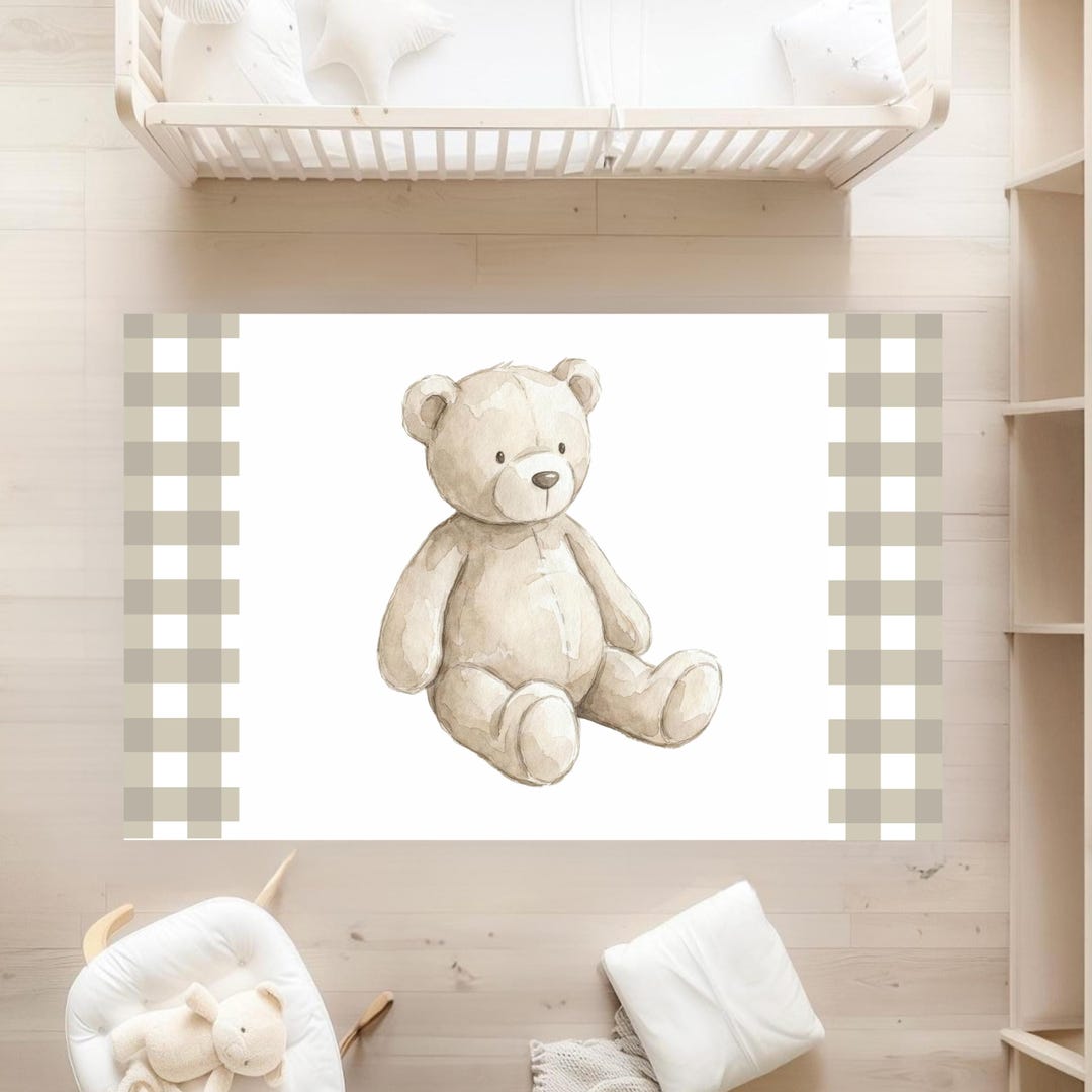 Teddy Rug Watercolor Teddy Bear Rug, Neutral Plaid Nursery Playroom Accent - Etsy