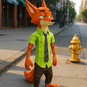 May include: A papercraft fox character, wearing a green shirt, purple striped tie, and brown trousers. The fox has orange fur, green eyes, and is standing on a city street. A yellow fire hydrant is in the background.