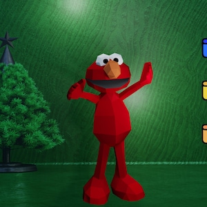 Puede incluir: Un personaje de dibujos animados rojo de baja poli, Elmo de Plaza Sésamo, con una gran sonrisa, está de pie frente a un fondo verde. Un pequeño árbol de Navidad está a la izquierda de Elmo. A la derecha de Elmo hay tres iconos de archivos, etiquetados como "DXF", "SVG" y "PDF".