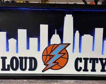 OKC Thunder inspired | Loud City LED | OKC Skyline | Basketball Fan Cave Decor | Lighted Game Room Sign
