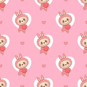 Op de afbeelding: Een herhalend patroon met een cartoon konijn karakter met een hart. Het konijn is roze en draagt een capuchon met konijnenoren. De achtergrond is lichtroze met witte harten en kleine roze harten.