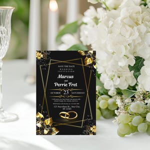 Editable Black and Gold Wedding Invitation Template - Elegant Luxury Design | Instant Download Canva Template | Printable Wedding Invite