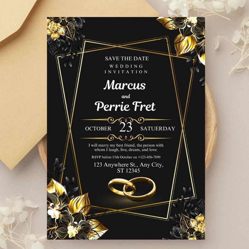 Black and Gold Wedding Invitation Template: Elegant, Editable Canva ...