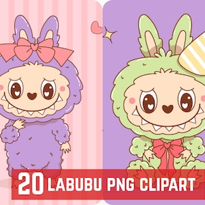 Labubu Digital Art Bundle - 20 Cute Kawaii Cartoon Labubu Files | Printable PNGs for Wall Art, Decor, Journaling, Sublimation