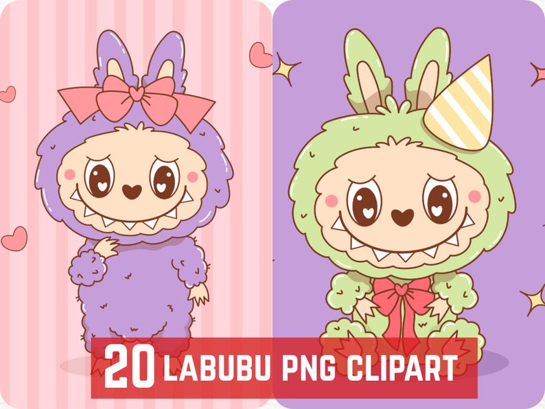 20 cute Labubu character clipart PNGs in high resolution, perfect for printable wall art, digital crafts, sublimation, and DIY projects.