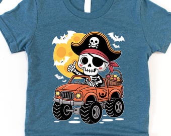 Pirate Skeleton Baby Bodysuit, Halloween Gift Toddler Shirt, Skeleton Driving Truck Youth Tee, Halloween Candy Truck Shirt, Kids Halloween