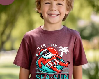 Sea Sun Santa, Christmas In July Youth Shirt, Beach Santa Toddler, Flamingo Santa, Santa Pool Float, Beach Vacation, Tropical Christmas