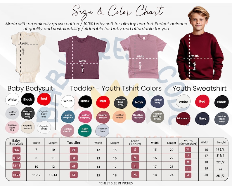 May include: Size and color chart for baby bodysuits, toddler and youth t-shirts, and youth sweatshirts. The chart includes a variety of colors, sizes, and measurements in inches.  The chart is made with organically grown cotton and is 100% baby soft.
