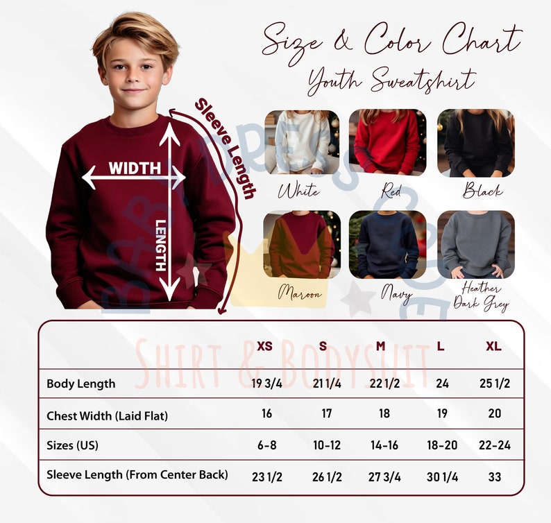 Puede incluir: Tabla de tallas para sudaderas para j&oacute;venes en varios colores, incluyendo blanco, rojo, negro, granate, azul marino y gris oscuro jaspeado. La tabla muestra las medidas de la longitud del cuerpo, la anchura del pecho, las tallas (US) y la longitud de la manga (desde el centro de la espalda) en pulgadas. Las tallas van de la XS a la XL.