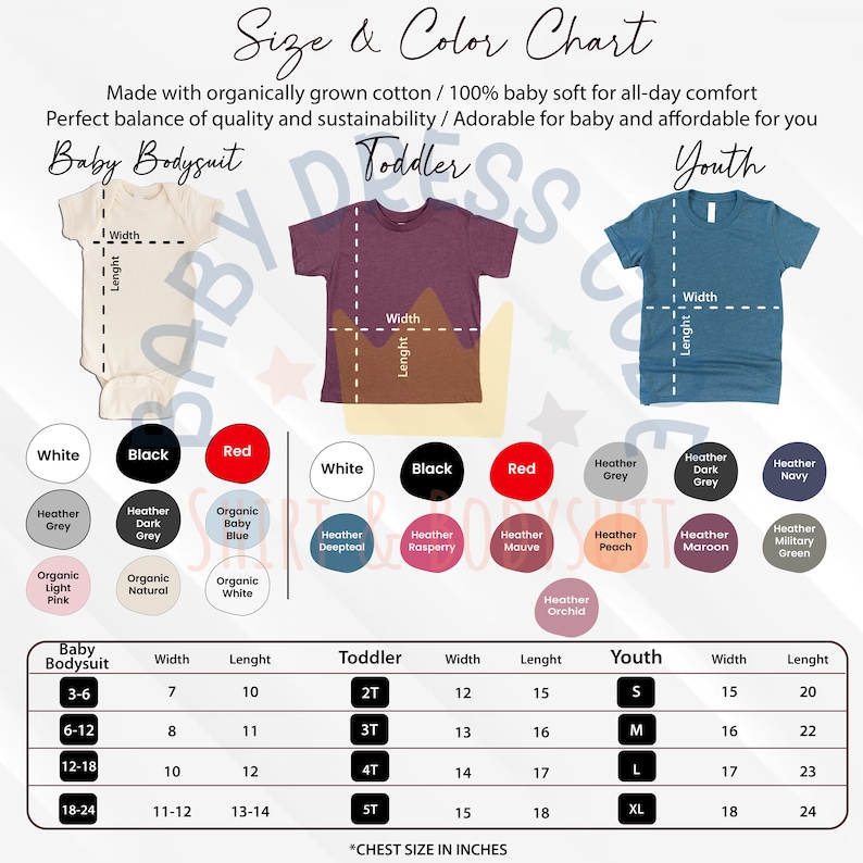 Puede incluir: Tabla de tallas y colores para bodys de beb&eacute;, camisetas para ni&ntilde;os peque&ntilde;os y camisetas para j&oacute;venes. La tabla muestra los diferentes tama&ntilde;os y colores disponibles para cada tipo de prenda. La tabla tambi&eacute;n incluye las medidas de ancho y largo en pulgadas.