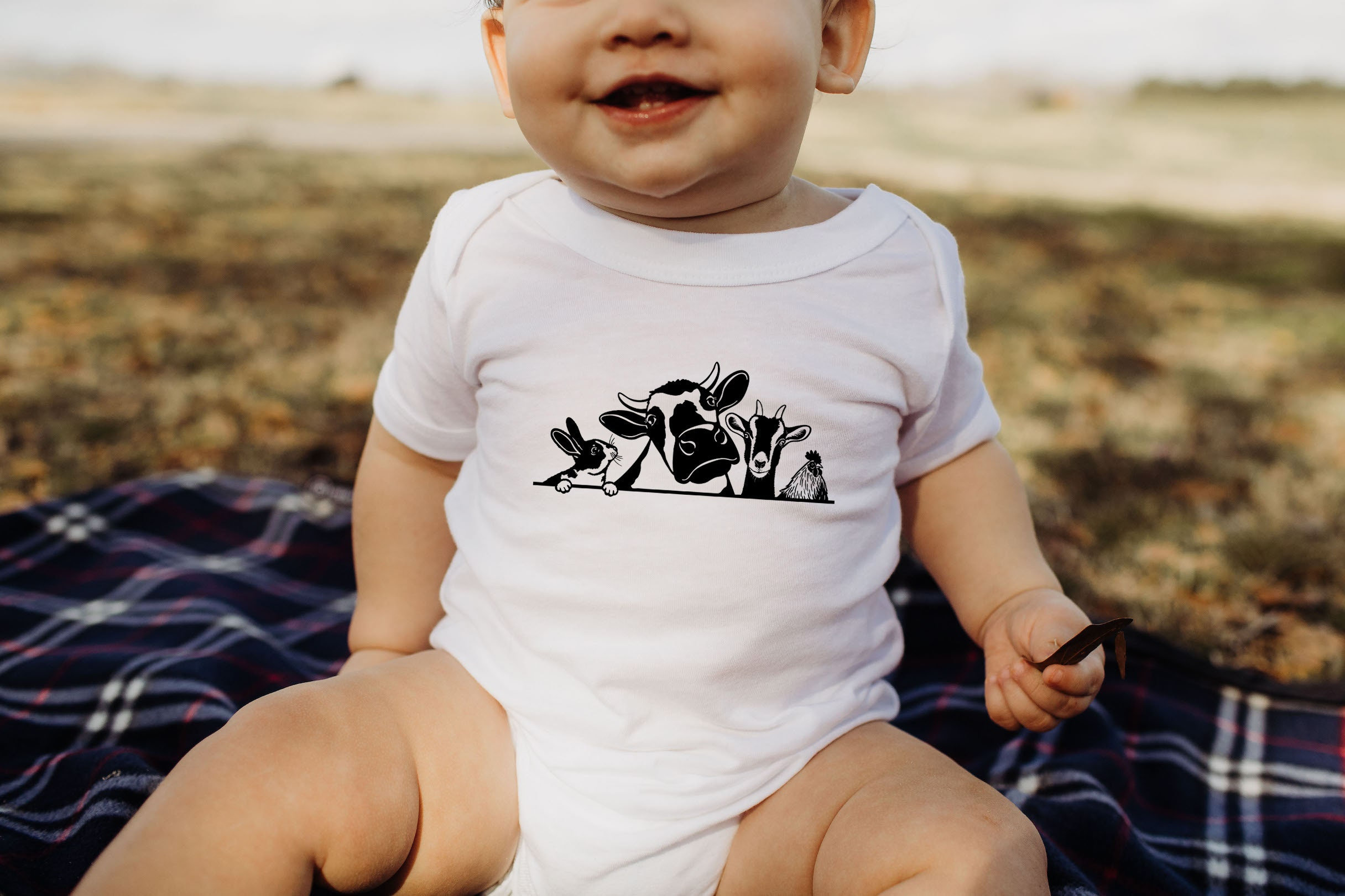 Peeking Farm Animals Baby Bodysuit: Cow, Goat, Bunny