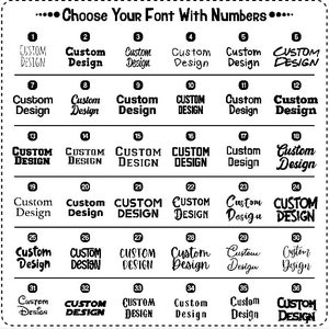 May include: A chart of 36 different font styles for "Custom Design" text. Each font style is numbered 1 through 36.