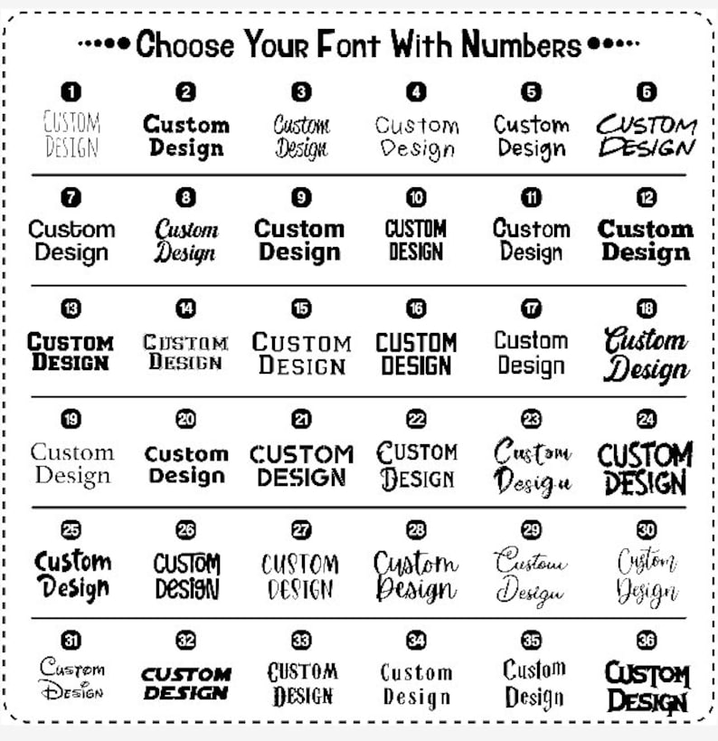 May include: A chart of 36 different font styles for "Custom Design" text. Each font style is numbered 1 through 36.
