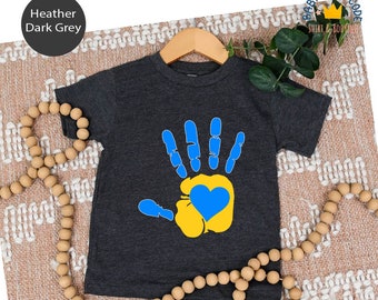 Down Syndrome Awareness Shirt: Yellow & Blue Hand with Heart