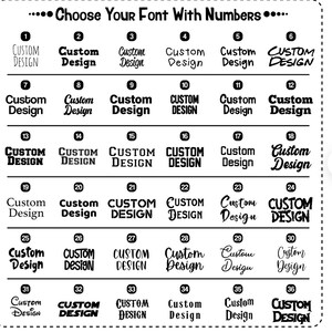 Puede incluir: Un gr&aacute;fico con 36 estilos de fuente diferentes para la frase "Custom Design". Cada estilo de fuente est&aacute; numerado del 1 al 36.