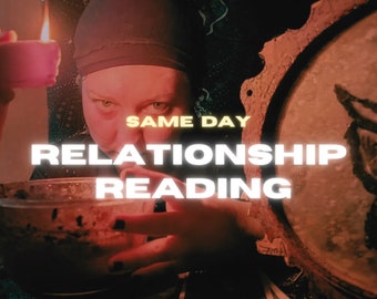 May include: A person with a black headscarf holds a lit candle and a bowl, with a mirror and cards in the background. The text "SAME DAY RELATIONSHIP READING BY WITCH" is displayed in yellow.