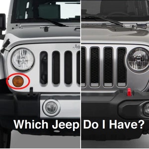 May include: A side-by-side comparison of two Jeep Wrangler models, labeled "JK" and "JL". The "JK" model has a round turn signal light, while the "JL" model has a rectangular turn signal light. The text "Which Jeep Do I Have?" is displayed below the image.
