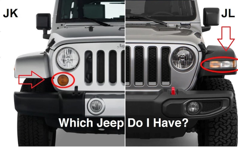 May include: A side-by-side comparison of two Jeep Wrangler models, labeled "JK" and "JL". The "JK" model has a round turn signal light, while the "JL" model has a rectangular turn signal light. The text "Which Jeep Do I Have?" is displayed below the image.