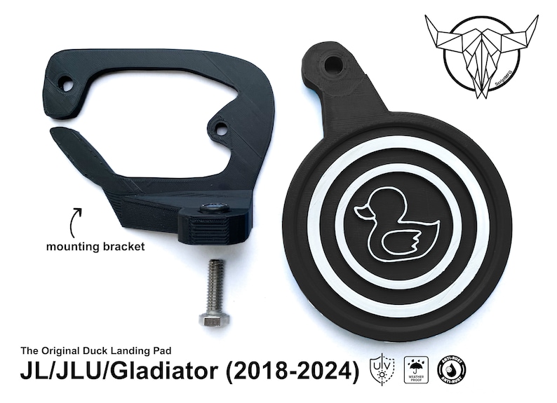 May include: Black plastic duck landing pad with a white duck silhouette inside a circle. The pad is designed to fit Jeep JL, JLU, and Gladiator models from 2018 to 2024. The image also shows a black plastic mounting bracket and a silver screw.