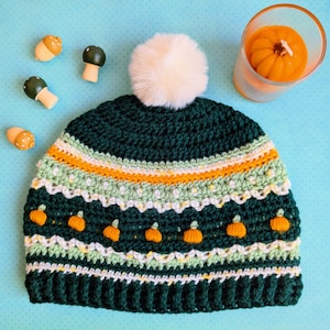 May include: A green crocheted beanie with a white pom pom and a pattern of orange pumpkins. The beanie has a white, green, and orange striped pattern.