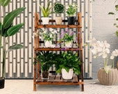 Folding Plant Stand Wooden Foldable Plant Shelf 3-Tier Flower Pot Stand Plants Display Shelf Rack Ladder Garden Indoors Outdoors
