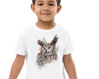 Camiseta infantil con estampado de búho en acuarela, colorida, pintada a mano, con arte de la vida silvestre, regalo para amantes de los animales, linda camiseta para niños.