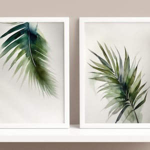 Caribbean Leaves Print Set, Set of Two, Botanical Print, Tropical Leaf Prints, Green Palm Leaf Wall Art, Beach House Art, Bedroom Room Art