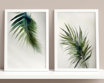 Conjunto de impresión de hojas caribeñas, conjunto de dos, impresión botánica, impresiones de hojas tropicales, arte de pared de hoja de palma verde, arte de la casa de playa, arte de la habitación del dormitorio