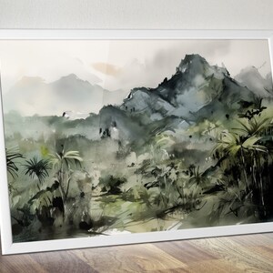 Tropische grüne Berge, Gestische Zeichnung, Aquarell Landschaftsmalerei, Minimalistische Wandkunst, Großes Natur Poster, Palmen Wald