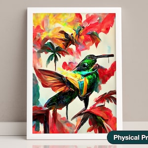 Jamaican Doctor Bird Wall Art, Humming Bird Print, Red Green and Gold, Hibiscus Flower, Colorful Caribbean Art Print, Vibrant Wall Decor