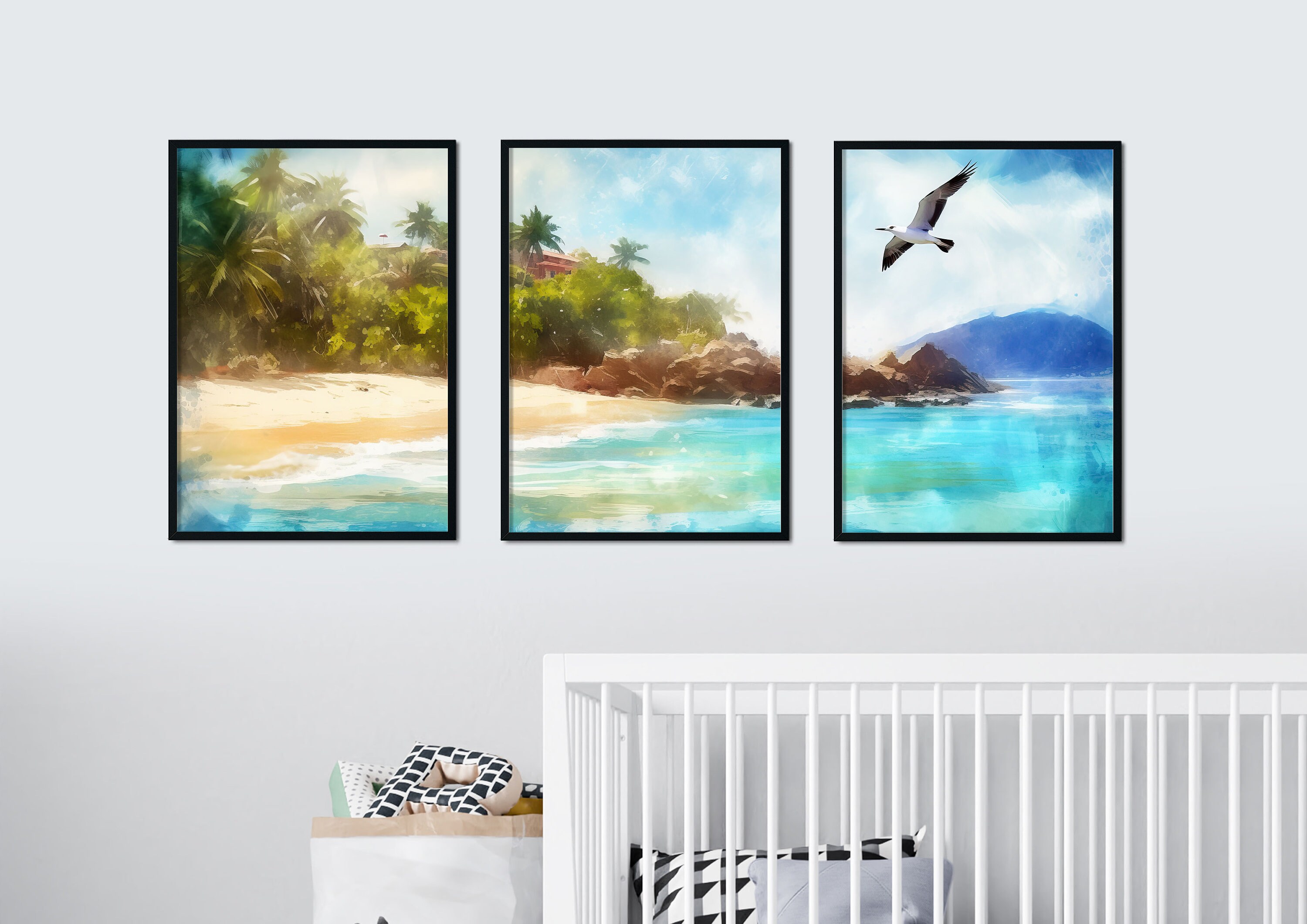 Beach Wall Art for Living Room Island Painting Watercolor Print Blue ...