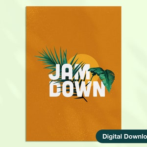 Väggkonst med apelsinsylt, palmträd, karibisk digital konst, utskrivbar väggkonst, välkommen till Jam Rock, jamaicansk digital konst