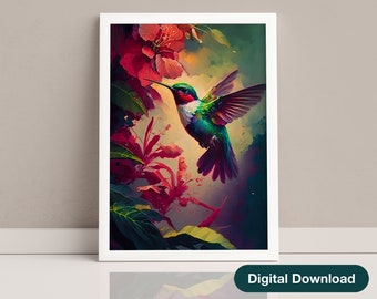 Colorful Hummingbird Print, Caribbean Wall Art, Colorful Bird Art, Dining Room Art, Hibiscus Flower, Tropical Print, Living Room Art