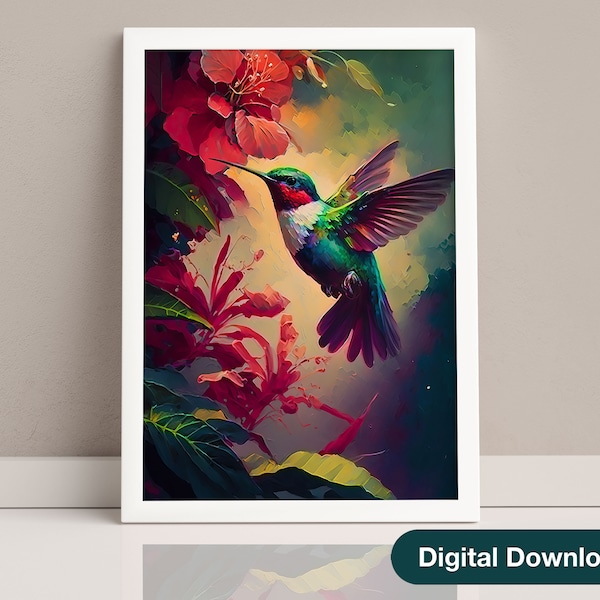 Colorful Hummingbird Print, Caribbean Wall Art, Colorful Bird Art, Dining Room Art, Hibiscus Flower, Tropical Print, Living Room Art