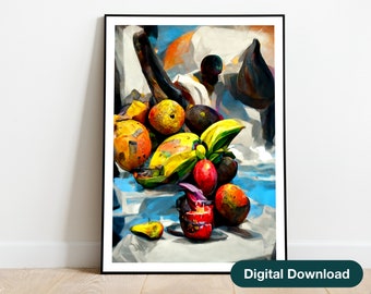 Caribbean Fruit Still Life, Vibrant Printable Art, Colorful Wall Art Print, Downloadable Digital Poster, Mango, Pomegranate, Pongonut, Pear