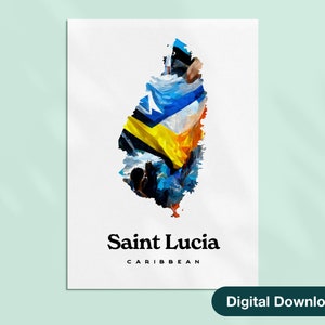 Sainte-Lucie carte Art imprimable, peinture numérique, bleu jaune noir et blanc, couleurs du drapeau National, Art téléchargeable