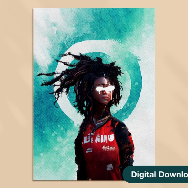 Printable Rasta Girl Wall Art, Affiche aquarelle verte, 18x24 Art numérique téléchargeable, Art rouge et vert, Affiche Rastafari