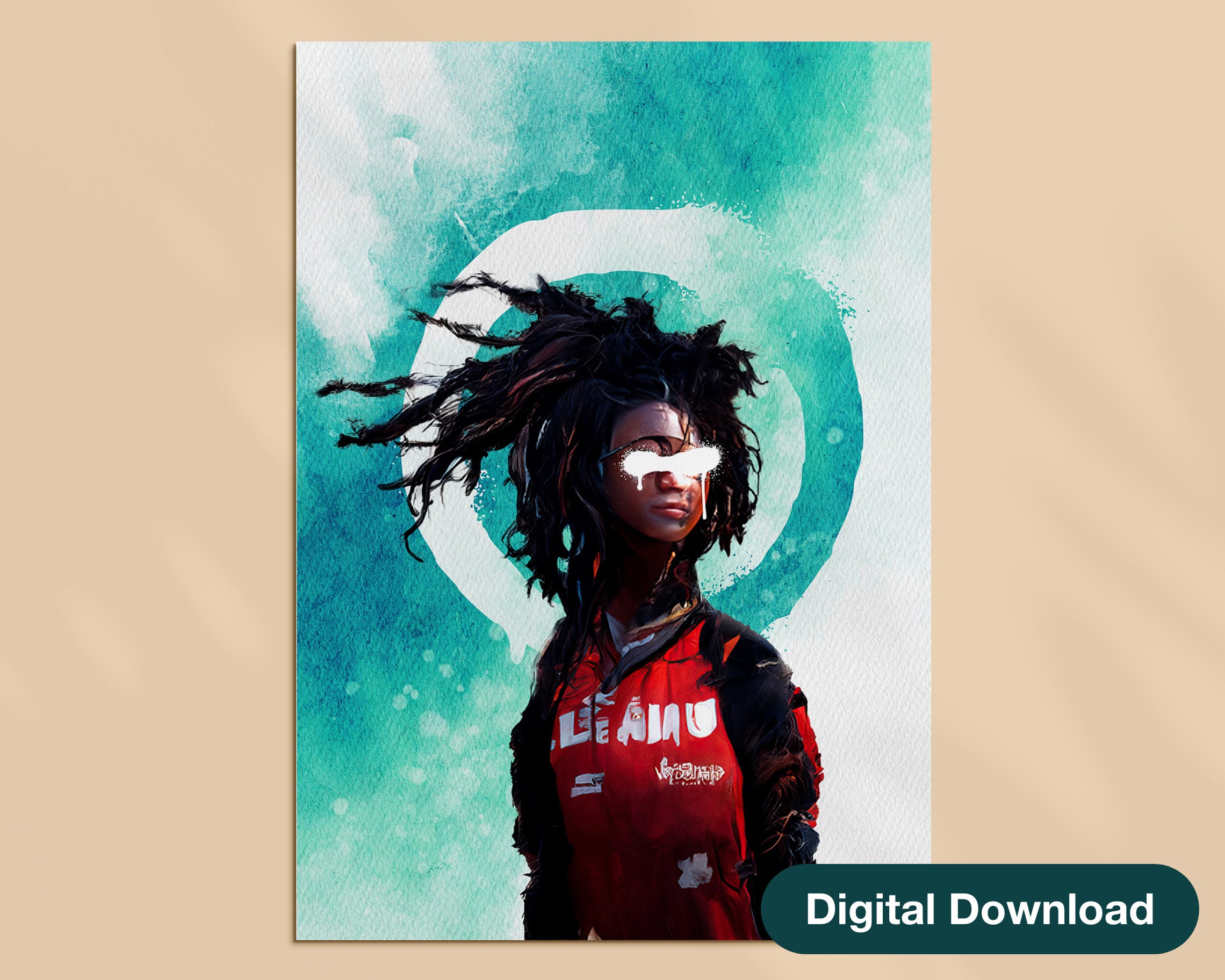 Printable Rasta Girl Wall Art, Green Watercolor Poster, 18x24 Downloadable Digital Art, Red and ...