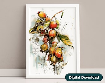 Caribisch fruit schilderij tropische muur kunst fruit aquarel kunst kleurrijke keuken decor Caribische muur decor kunst botanische woonkamer decor
