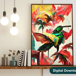 Jamaikanischer Doktor Vogel Wandkunst, Kolibri Druck, Rot Grün und Gold, Hibiskus Blume, Bunte Karibik Art Print, Jamaican Art