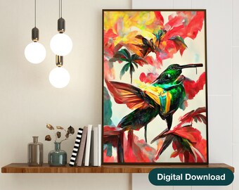 Può includere: Un dipinto digitale di due colibrì con colori vivaci di verde, giallo e rosso. Gli uccelli sono appollaiati su un ramo con uno sfondo sfocato di fiori tropicali.
